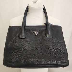 Prada Black Pebbled Leather Tote Bag – Classic Silver Logo